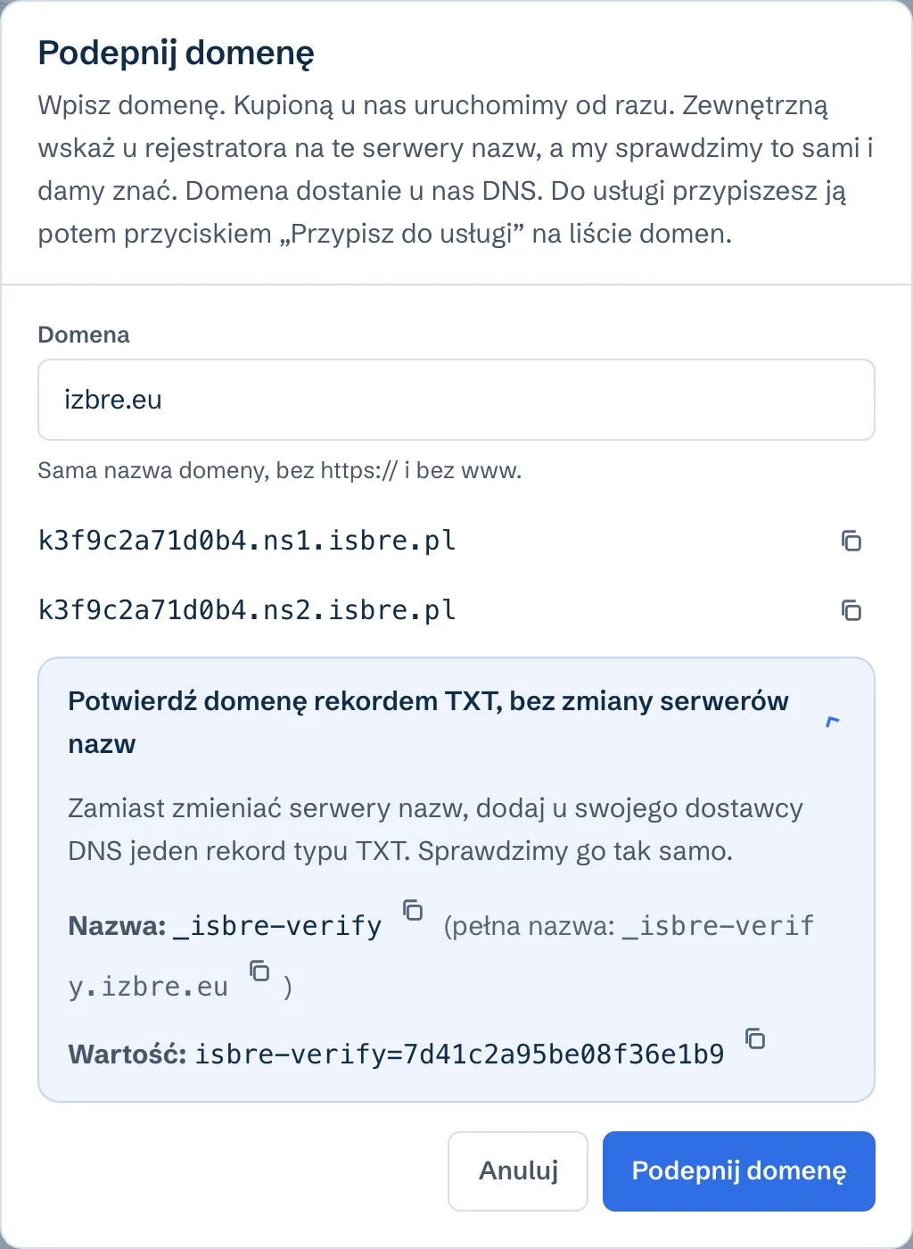 Okno Podepnij domenę w panelu Isbre: pole z domeną izbre.eu, para serwerów nazw konta i rozwinięta sekcja z rekordem TXT o nazwie _isbre-verify i wartości zaczynającej się od isbre-verify=.