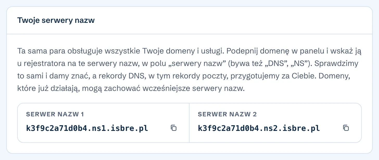 Karta Twoje serwery nazw w panelu Isbre z dwiema nazwami do wpisania u rejestratora, każda z przyciskiem kopiowania.