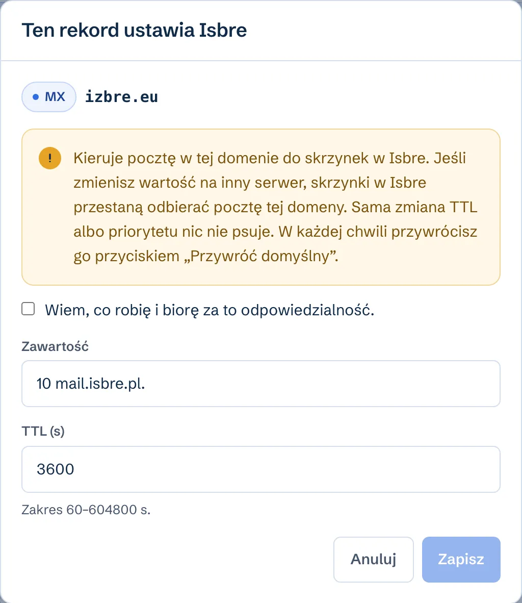 Okno Ten rekord ustawia Isbre dla rekordu MX domeny izbre.eu: ostrzeżenie, że po zmianie skrzynki w Isbre przestaną odbierać pocztę, pole zgody Wiem, co robię i biorę za to odpowiedzialność oraz nieaktywny przycisk Zapisz.